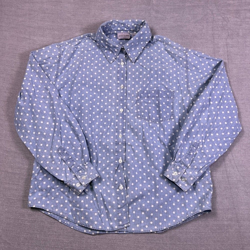 Paul Harris Denim Polka Dot Button Up Long Sleeve Shirt Women Medium Blue Cotton